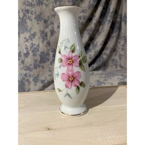 Vintage Irice White Bud Vase with Pink Flowers